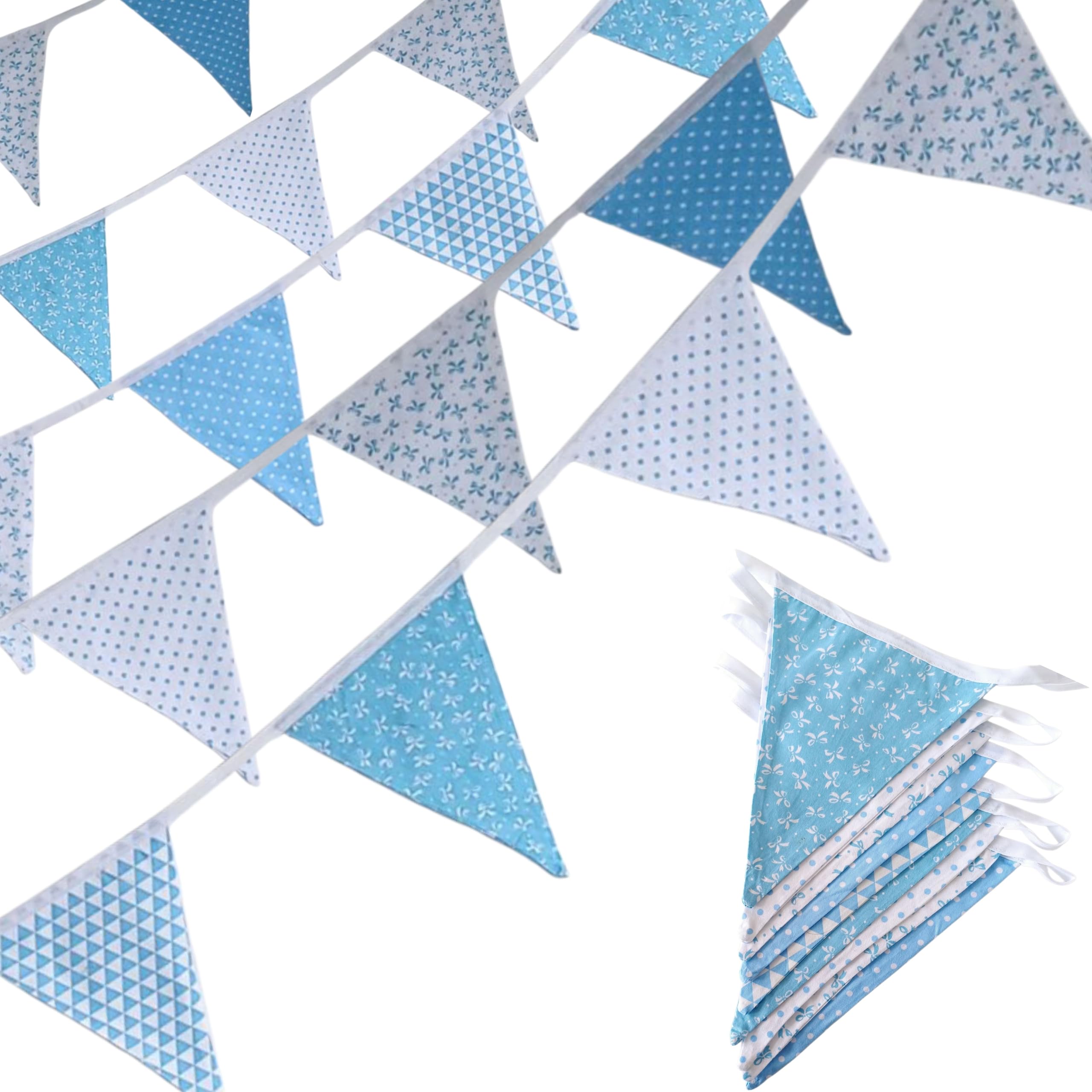 Quirki Fabric Bunting Blue Banner Garland 40ft Cotton Reusable Triangle Flags for Indoor Outdoor Nursery Bedroom Birthday Baby Shower Wedding Party Decoration — image 1