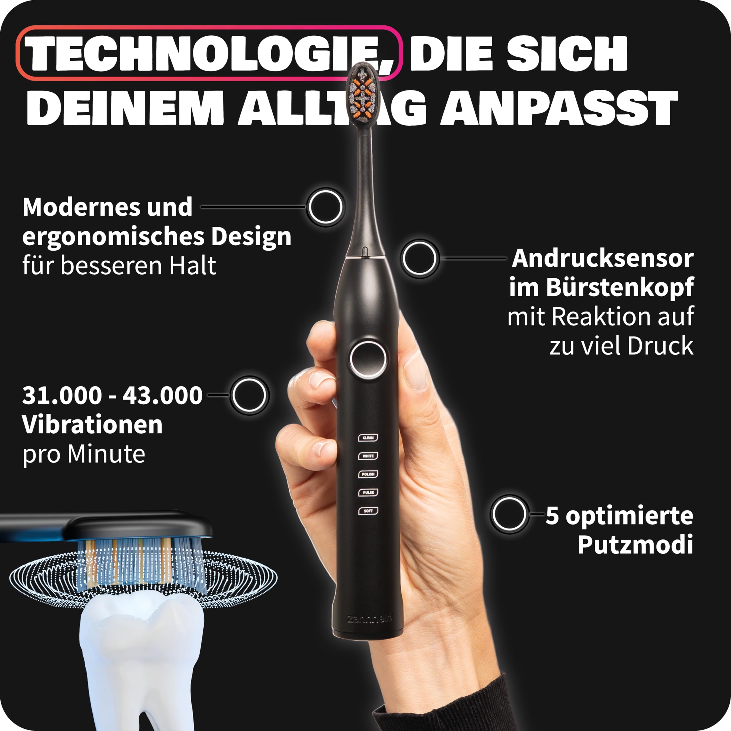 ZAHNHELD® Doppelpack, 2x elektrische Schallzahnbürsten GERO G3, inkl. 2x Bürstenköpfe & 2x Reiseetuis | Für eine sanfte & effektive Reinigung 5