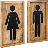 MyGift Rustic Mango Wood Rectangular Bathroom Signs, Mens and Womens 2 pcs | Modern restroom signs feature metal male and female cutouts on mango wood frames for stylish bathroom identification