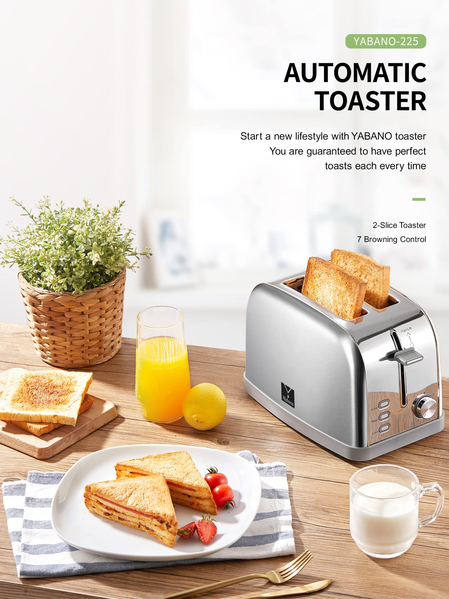Yabano Retro Bagel Toaster - 2 Slice, 2 Extra Wide Slots, 7 Shade Settings, Defrost/Bagel/Cancel, Removable Crumb Tray, Stainless Steel, Silver