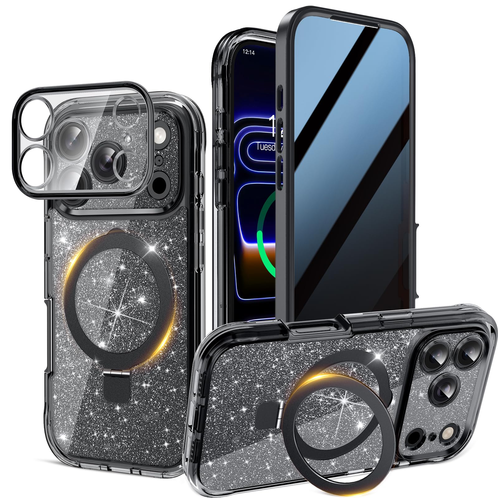 Magnetic Privacy Case for iPhone 17 Pro Max [DIY Glitter Cardstock] [Invisible Magnetic Kickstand] Built-in Anti Peep Screen Protector, Camera Protection Full Body Glitter Case for Women - Black