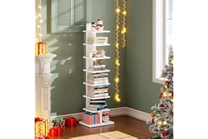 TUTOTAK Narrow Bookshelf, 8-Tier Bookcase, Spine Book Shelf for Small Space, Corner Standing Shelf for Living Room, Office, Study, Entryway, White BS06BW008
