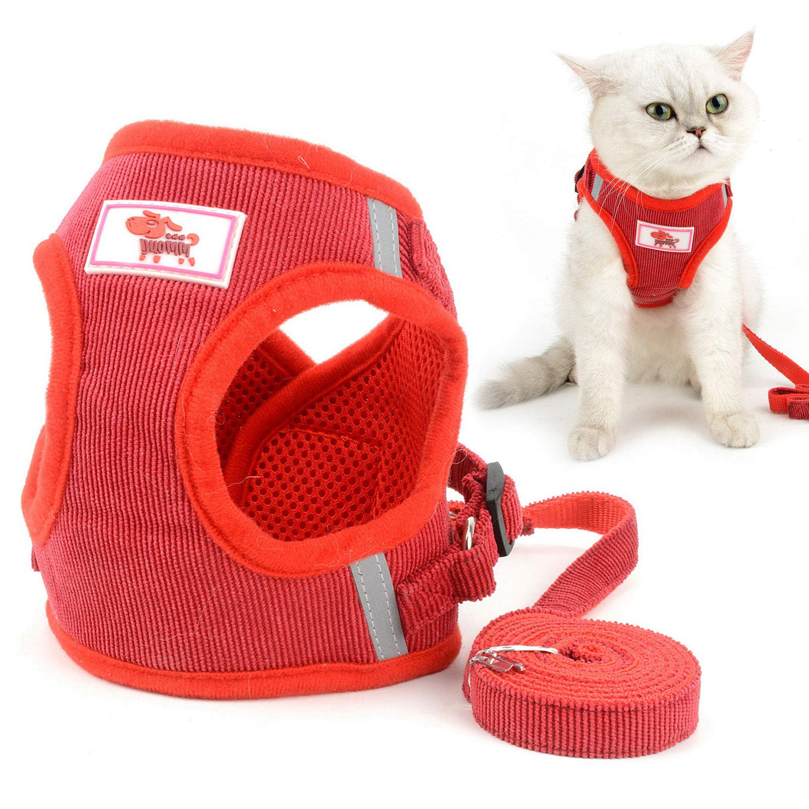 smalllee_Lucky_Store Corduroy Harness for Cat Kitten with Leash Anti Escape Small Dog Harness Anti Pull, Reflective Adjustable Puppy Vest, Red, S