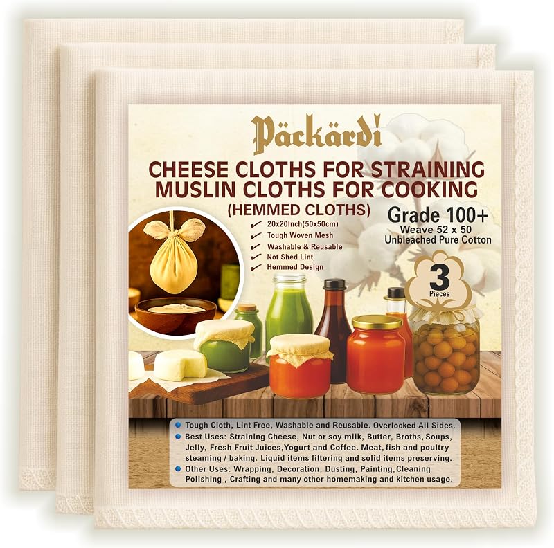 PACKARDI Cheesecloth Pack of 3 50x50cm Unbleached 100% Cotton Muslin Cloths