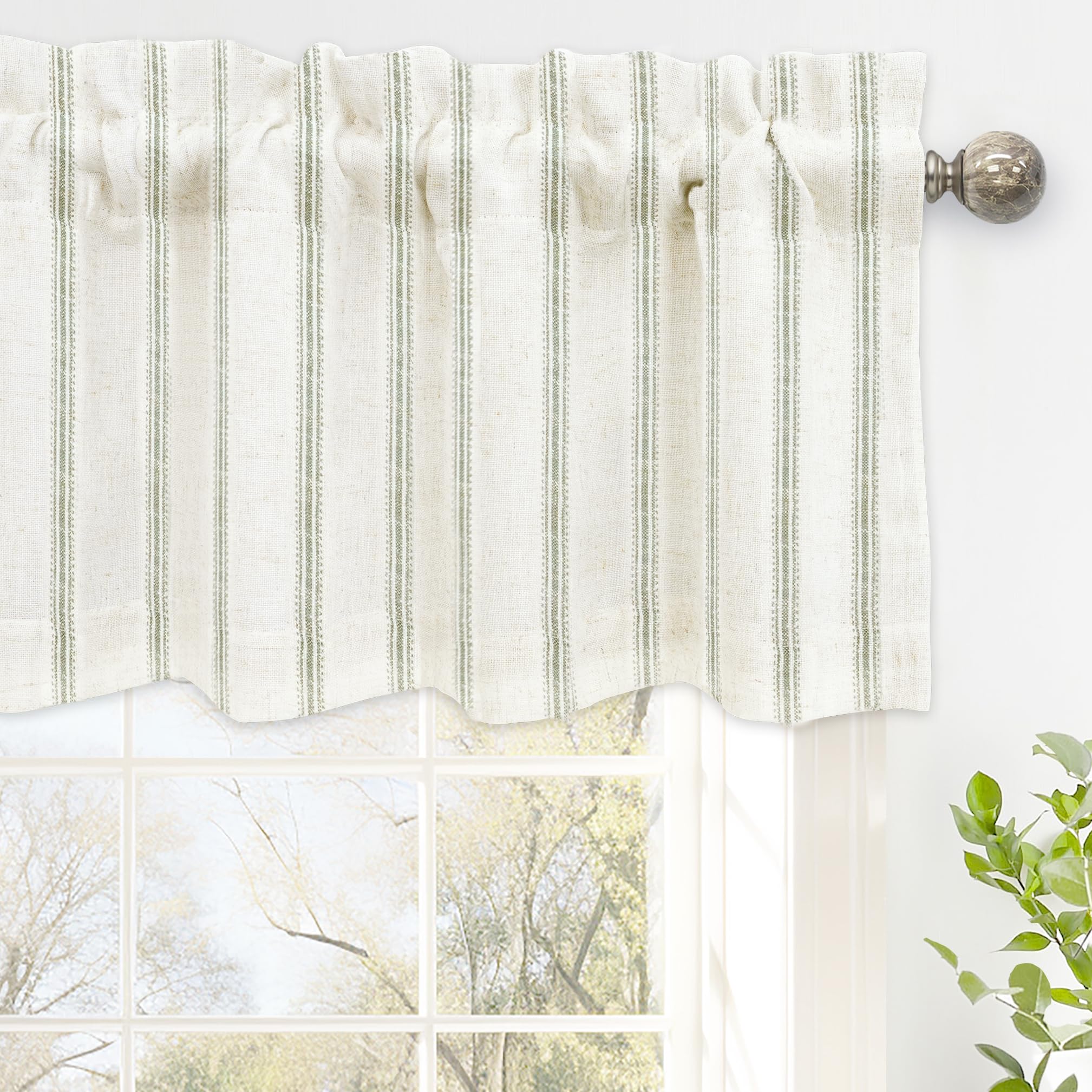 Photo 1 of DriftAway Farmhouse Linen Lined Valance Double Layer Thermal Insulated Room Darkening Blackout Window Valances 3 Inch Rod Pocket Vertical Striped Kitchen Valance Single 52 Inch by 14 Inch Loden Green
