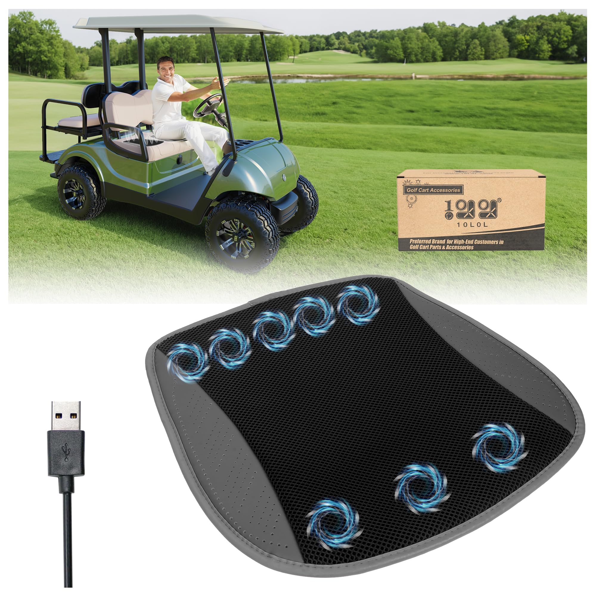 Photo 1 of 10L0L Golf Cart Cooling Seat Cushion with 8 Fans - Universal for Yamaha EZGO Club Car, 3-Speed Ventilated Seat Pad, USB-Powered with Ice Silk Fabric & Turbo Airflow Design