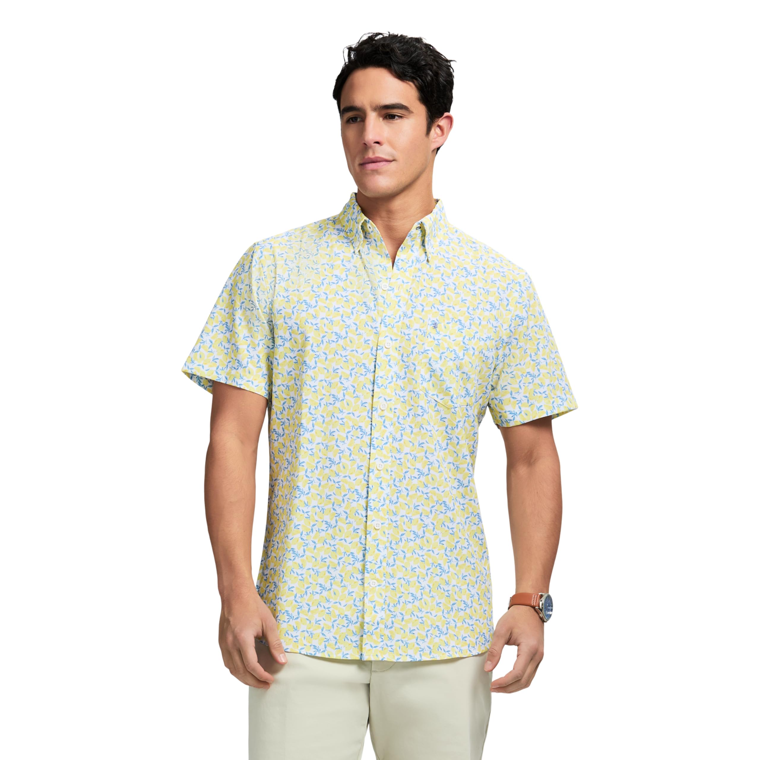 Izod Men’s Breeze Short Sleeve Button Down Patterned Shirt, Lemon Meringue, Medium