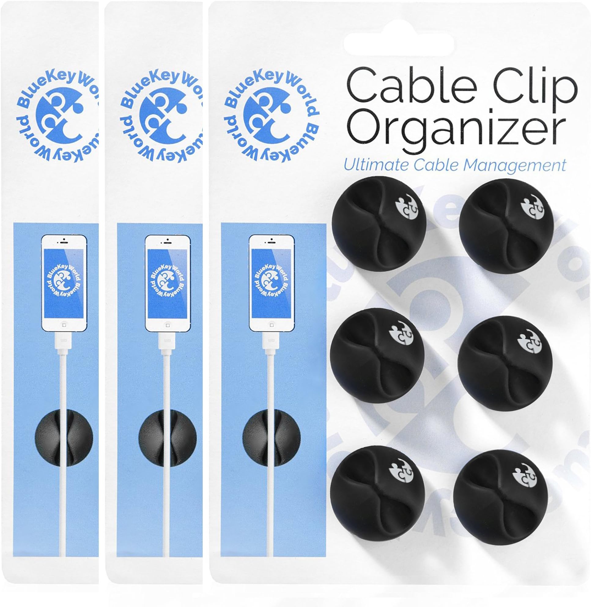 Cable Clips - Cable Organiser - Cord Management - Wire Management System - 6 Pack - Self Adhesive - Durable - Model CC908 From Blue Key World (3 Pack)