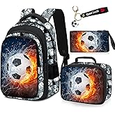 Fitvc School Backpack for Boys - 4pcs Soccer Boys Backpack with Lunch Box Set for Kids Children Teens Elementary Middle School - 17″ Sport Bookbag Travel Back Pack for Age 6-18