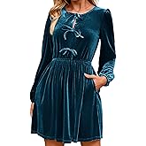 Simplee Womens Fall Velvet Dress Long Sleeve Bow Tie Front Babydoll A Line Cocktail Party Christmas Holiday Dresses