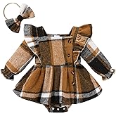 TITKKOP Newborn Baby Girl Fall Winter Clothes Plaid Long Sleeve Romper Buttons Outfit Ruffles Dress with Bow Headband