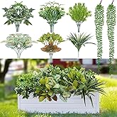 17Pcs Fake Plants Artificial Greenery Stems Shrubs Outdoor Faux Plants Artificial Ferns 7 Kinds of Outdoor Fakeplants for Window Box Hanging Plants Garden Porch Farmhouse Wedding Indoor Home Decor