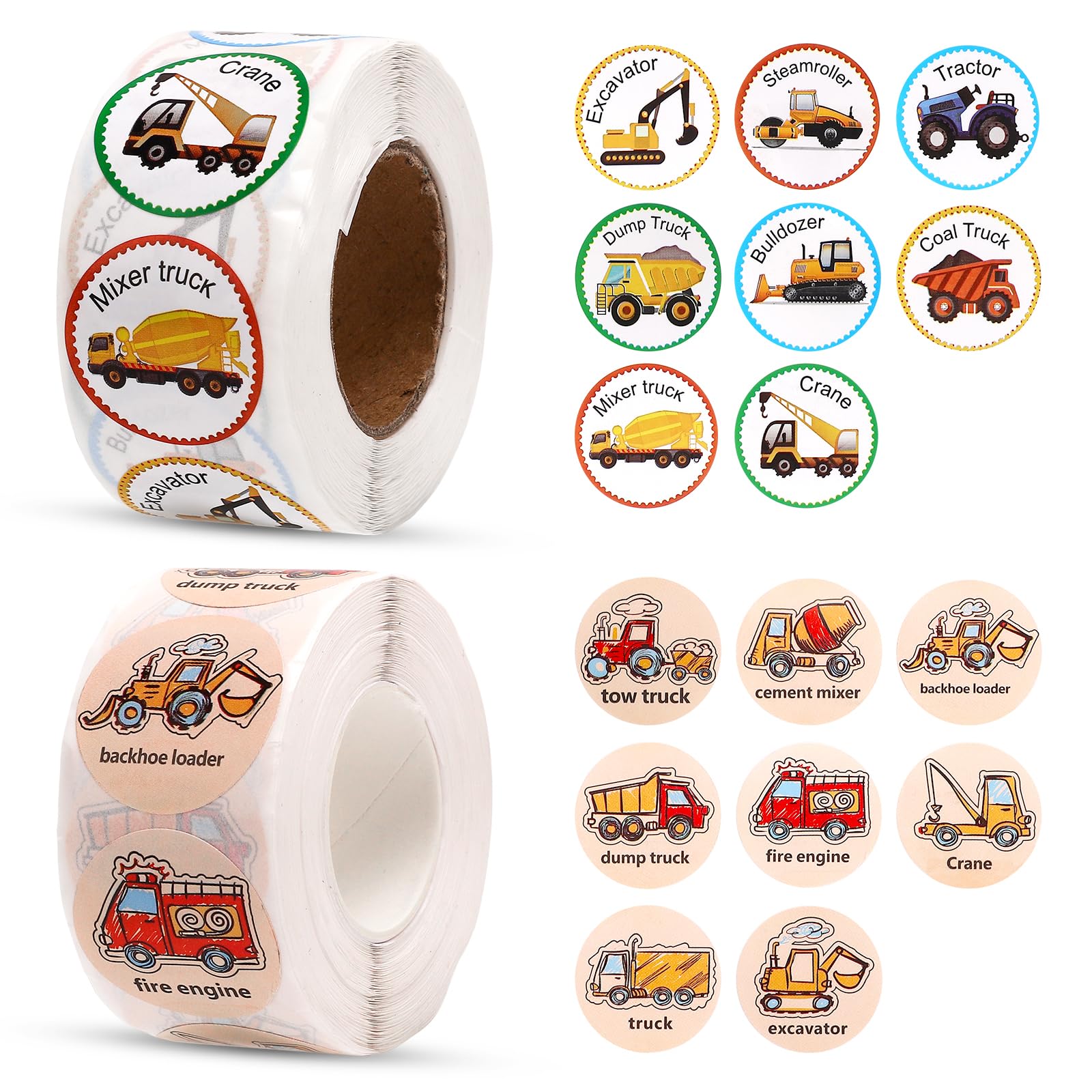 1000pcs Car & Truck Stickers for Kids, 1 Inch Cartoon Construction Vehicle Decals Round Transportation Tractor Digger Stickers Roll for Boys Toddlers Students Teacher Kindergarten School Reward
