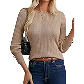 GRACE KARIN Women Long Sleeve Sweater Cable Knit Crewneck Sweater Lightweight Knit Pullover Tops with Decorative Buttons