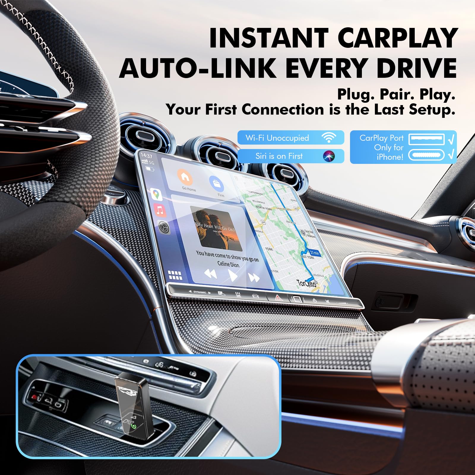 Wireless CarPlay Adapter for Apple iPhone - Converts Factory Wired CarPlay to Wireless, Quick Setup & Auto-Connect Every Drive, CarPlay Dongle for Cars from 2015+ & iOS10+ (Metallic Brushed Blue)