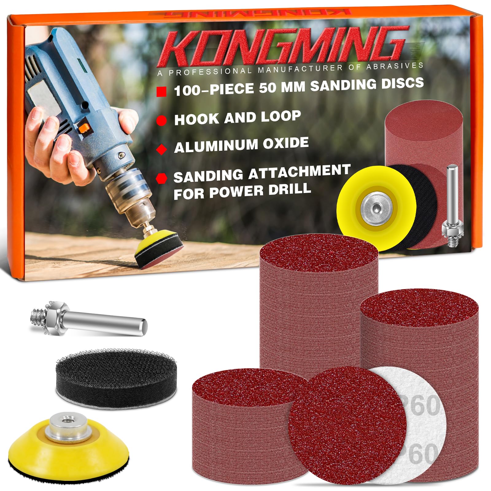 KONGMING 50mm Sanding Discs Hook and Loop 100 pcs Grit 60 for Drill Sanding Attachment โ image 1