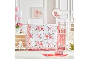 UOZZI BEDDING 3 Pieces Flowers Crib Bedding Set Baby Ruffled Quilted Comforter with Fitted Sheet and Bed Skirt - Cute Ruffled Shabby Chic Baby Bedding Soft Blanket Floral Design