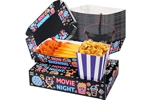 AmazingSpark 108 Pcs/ 36 Sets Movie Night Snack Trays Popcorn Boxes Cardboard Popcorn Buckets Containers Food Trays for Theater Party Decorations(Neon Movie Night)