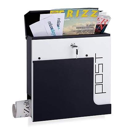 Relaxdays Design Briefkasten, abschließbar, mit Zeitungsrolle, Din A4, großer Postkasten, HBT: 37 x 37 x 11 cm, schwarz