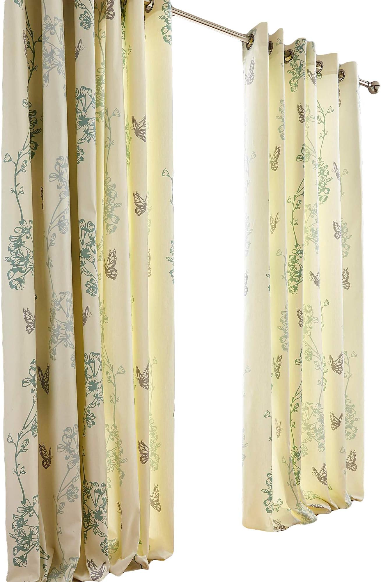 kellyuk Thea Green (Teal) Pair Of 46" x 48" Ring Top Eyelet Lined Curtains With Floral & Butterflies Print Design