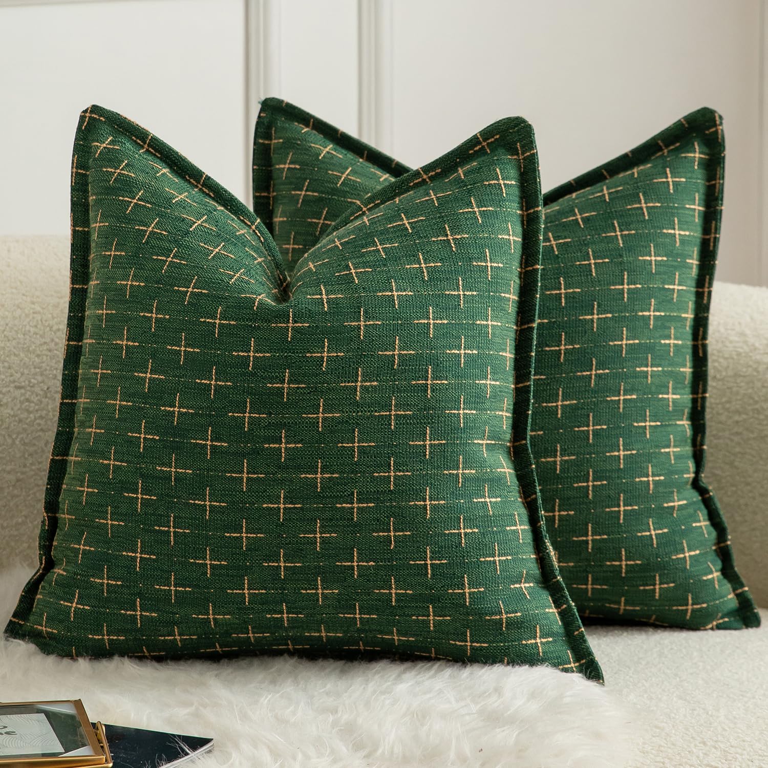 Mandioo Pack of 2 Burlap Linen Cushion Covers Woven Textured Modern Farmhouse Throw Pillow Cases Decorative Couch Sofa Bed Living Room 24 x 24 Inch 60x60 cm Army Green