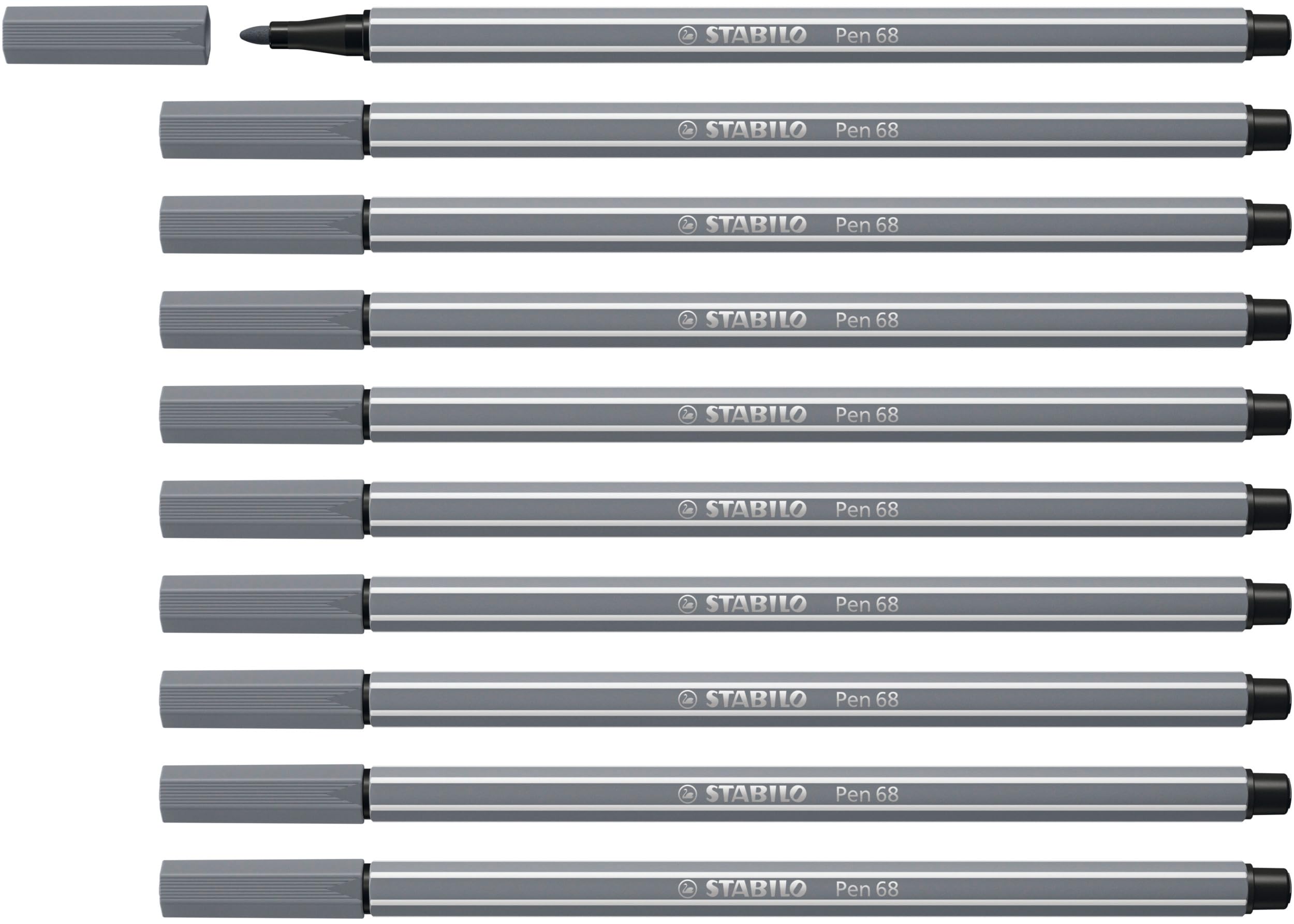 STABILO Pen 68 - Premium Fibre-Tip Pen - Pack of 10 - Dark Grey