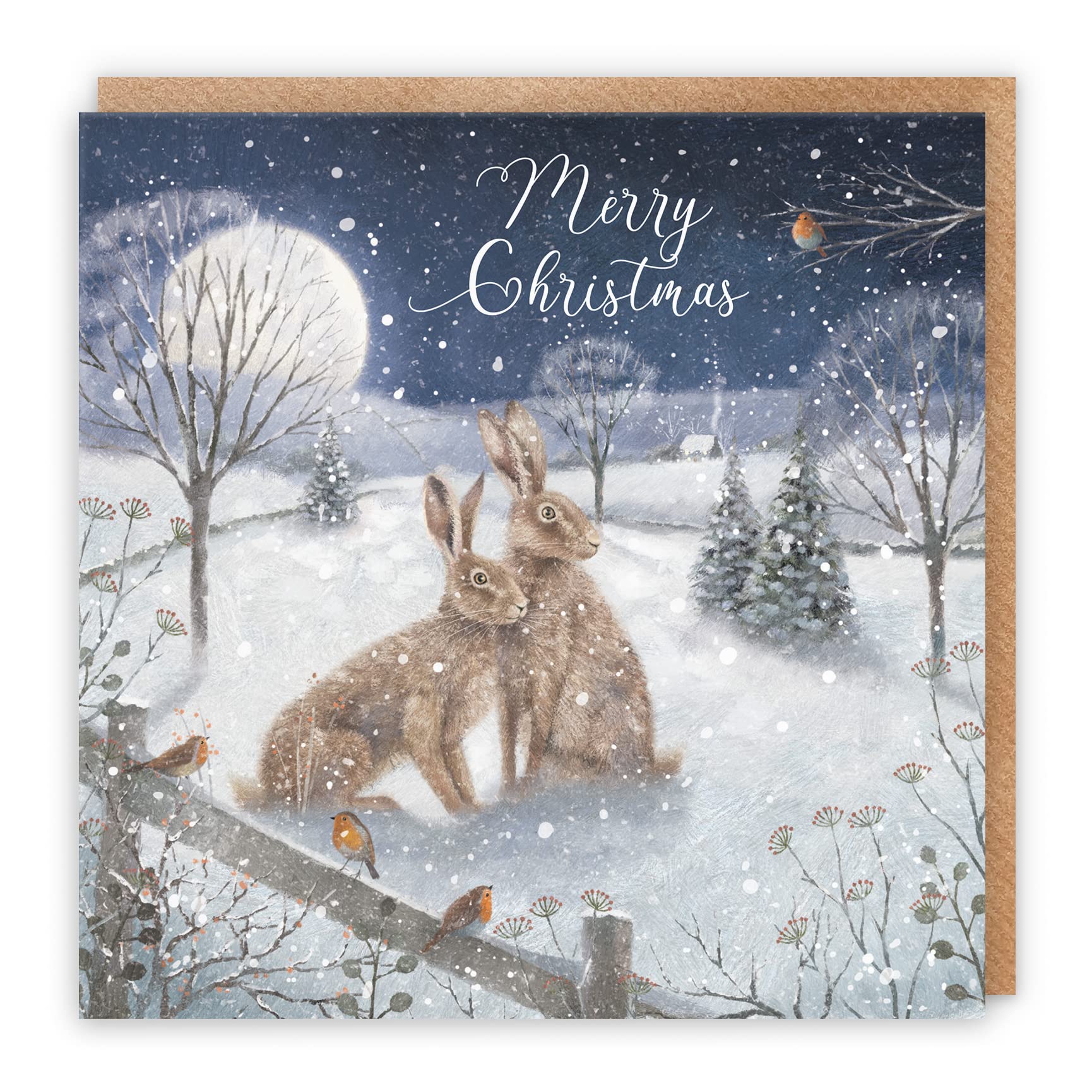Hunts England - Individual Christmas Card For Men Or Women - 'Snowy Hares' - Milo's Gallery Collection - Christmas Wording Inside - For Him Or Her