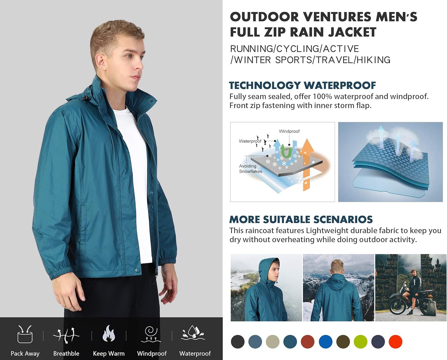 Outdoor Ventures Men's Lightweight Raincoat Packable Rain Jacket Waterproof Raincoat with Hood Active Outdoor Windbreaker: Clothing