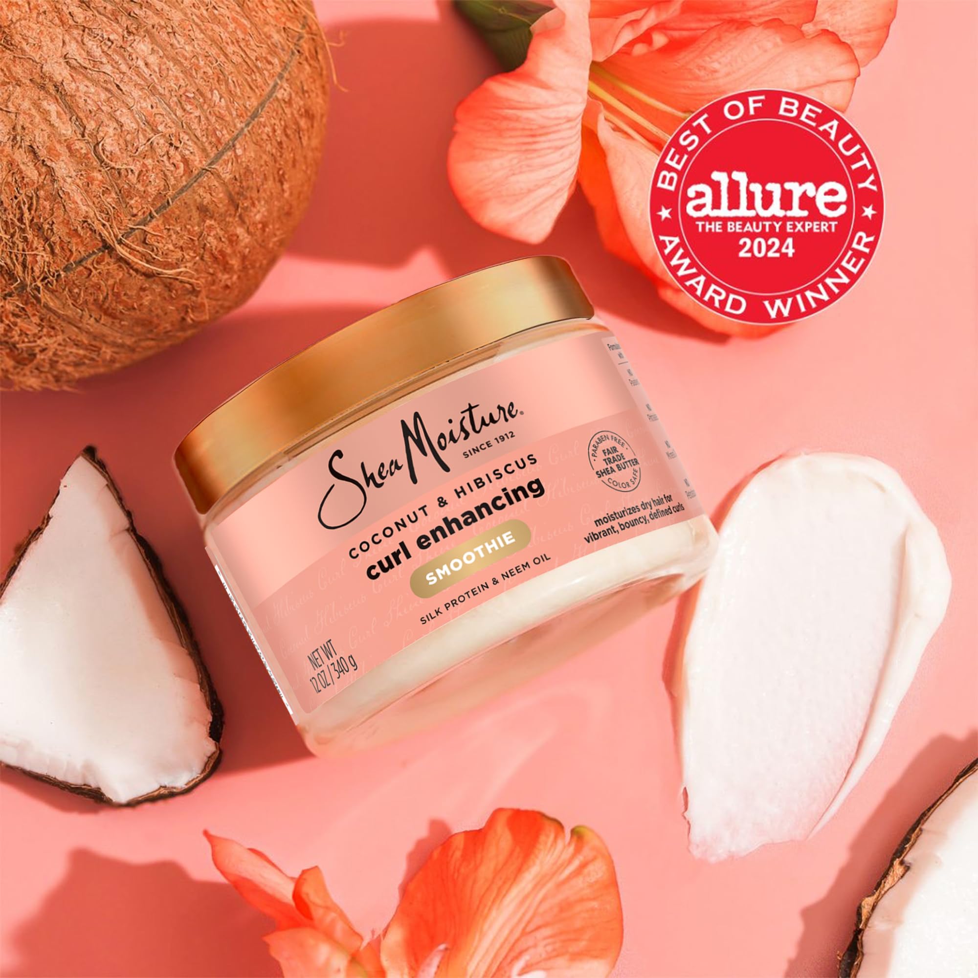 SheaMoisture Coconut & Hibiscus Curl & Shine Shampoo & Conditioner + Curl Enhancing Smoothie for Bouncy Curls, Frizz Control