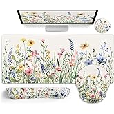 LIMKRIAN Flower Mouse Pad Set Large Desk Matt for Desktop, Ergonomic Mouse Pad with Wrist Rest, Gaming Wrist Support Keyboard Mat Cup Coaster Set Cute Office Desk Decor Accessories