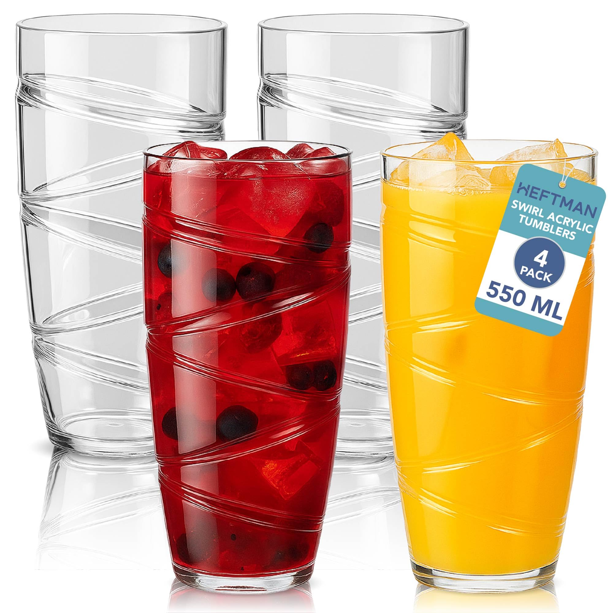HEFTMAN Plastic Tumblers Set of 4-550ml Acrylic Tumbler Glasses with Swirl Design, Stackable Re-usable Plastic Glasses for Garden, Picnics, Camping, BBQs, Parties or Everyday Use (Clear)