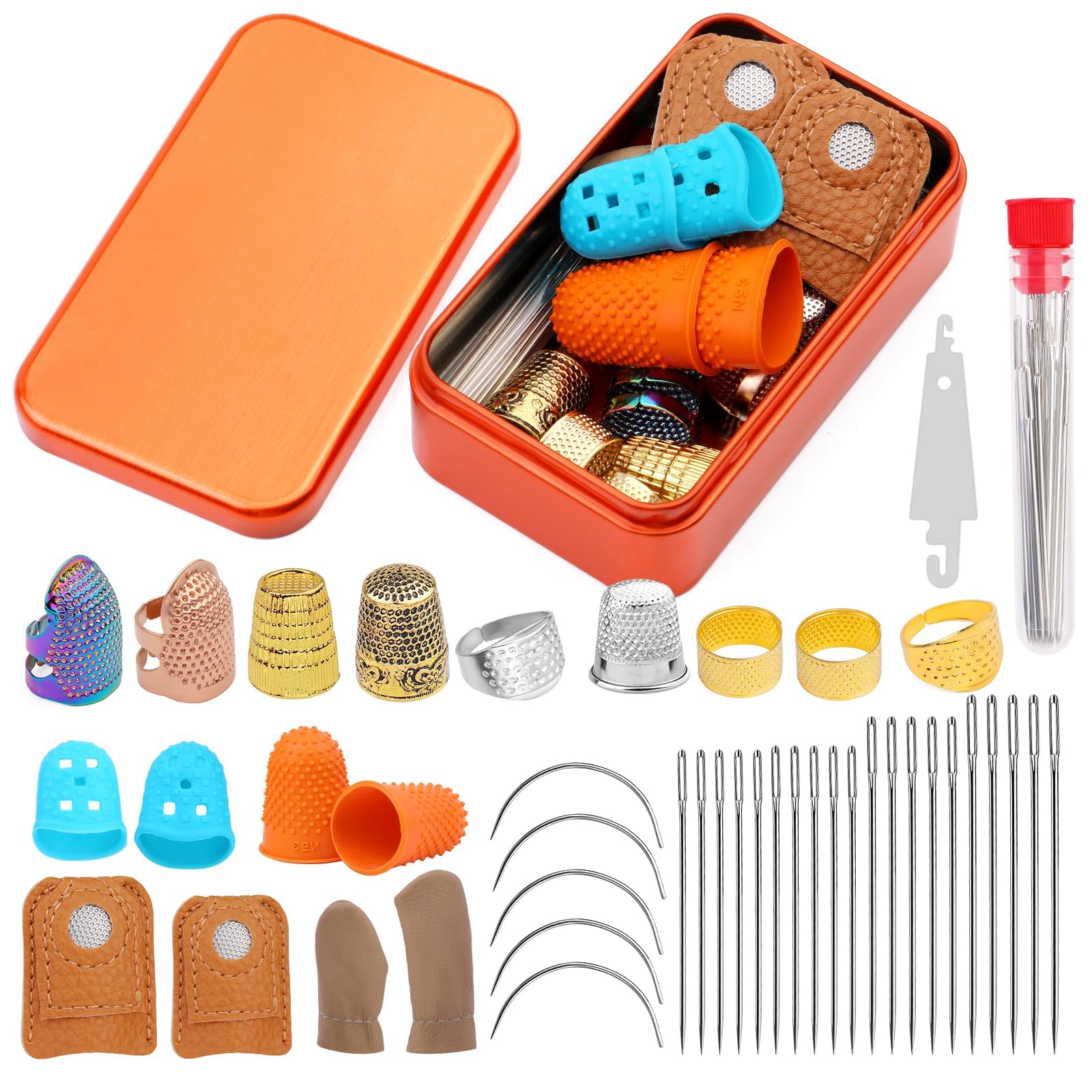 40 Pcs Sewing Thimble Set, Adjustable Metal Finger Shield Ring with Large Eye Sewing Needles Storage Box, Leather Coin Finger Protectors for Knitting Hand DIY Projects