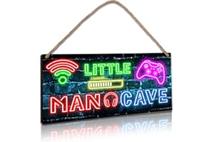 CAZHES Little Man Cave, 6 * 12 Neon Gaming Wooden Door Sign for Nursery Decor, Video Game Hanging Wall Art Decor for Kids Toddler Boys Bedroom Playroom Living Room Decorations - A04