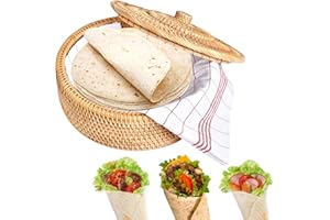 Milkary 10.2 Inches Rattan Tortilla Warmer, Handcrafted Tortilla Basket with Lid, Sustainable Brown Tortilla Holder Come with