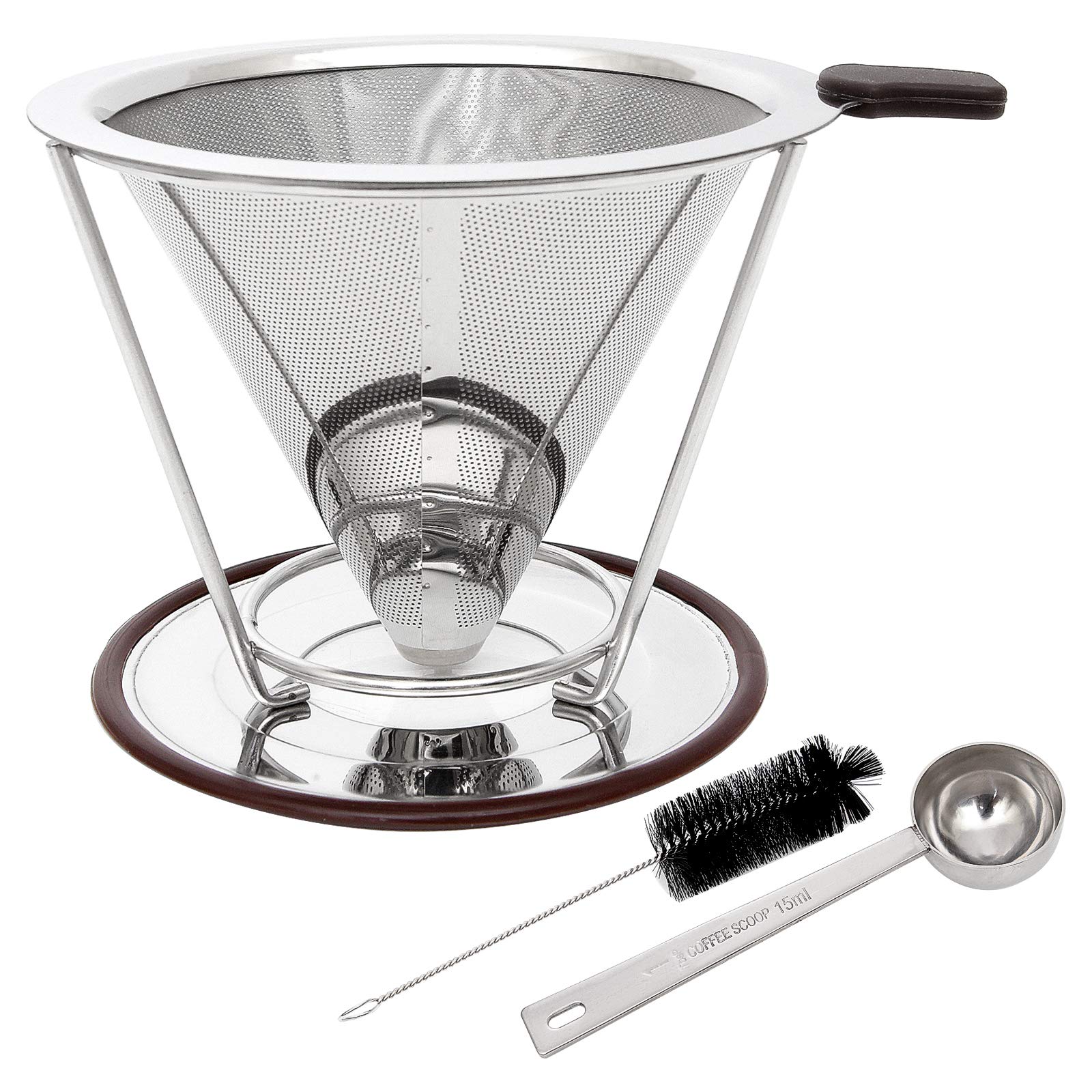 AHUNTTER Pour Over Coffee Maker Set 304 Stainless Steel Coffee Filters Reusable Cone Coffee Dripper - Honeycomb Mesh Paperless with Separate Stand for 1-4 Cups