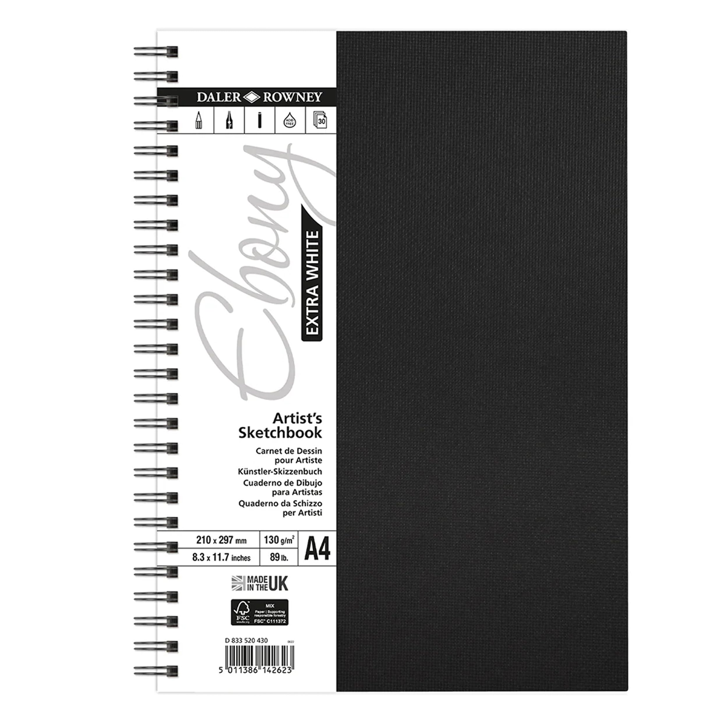 Daler-Rowney Extra White Ebony 130gsm A4 Hardback Portrait Sketchbook, 30 White Sheets, Ideal for Professional Artists & Students