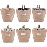 Foraineam 6 Pack Mini Hanging Storage Bag Cotton Linen Decorative Wall-Hanging Basket Organizer Collapsible Box Bin Bags for Wall Door Closet