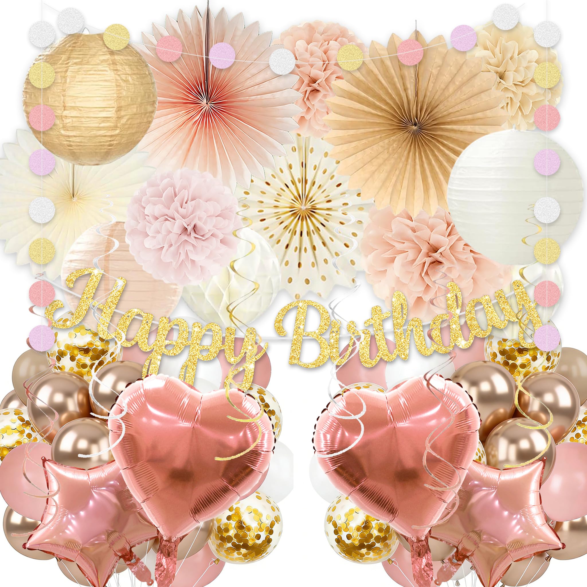 Photo 1 of Birthday Decorations for Women, Boho Champagne-Beige 42pcs Balloon Garland with Hearts & Stars, Happy Birthday Banner, Peach Paper Lanterns & Tissue Pom Poms– decoración de cumpleaños para mujer