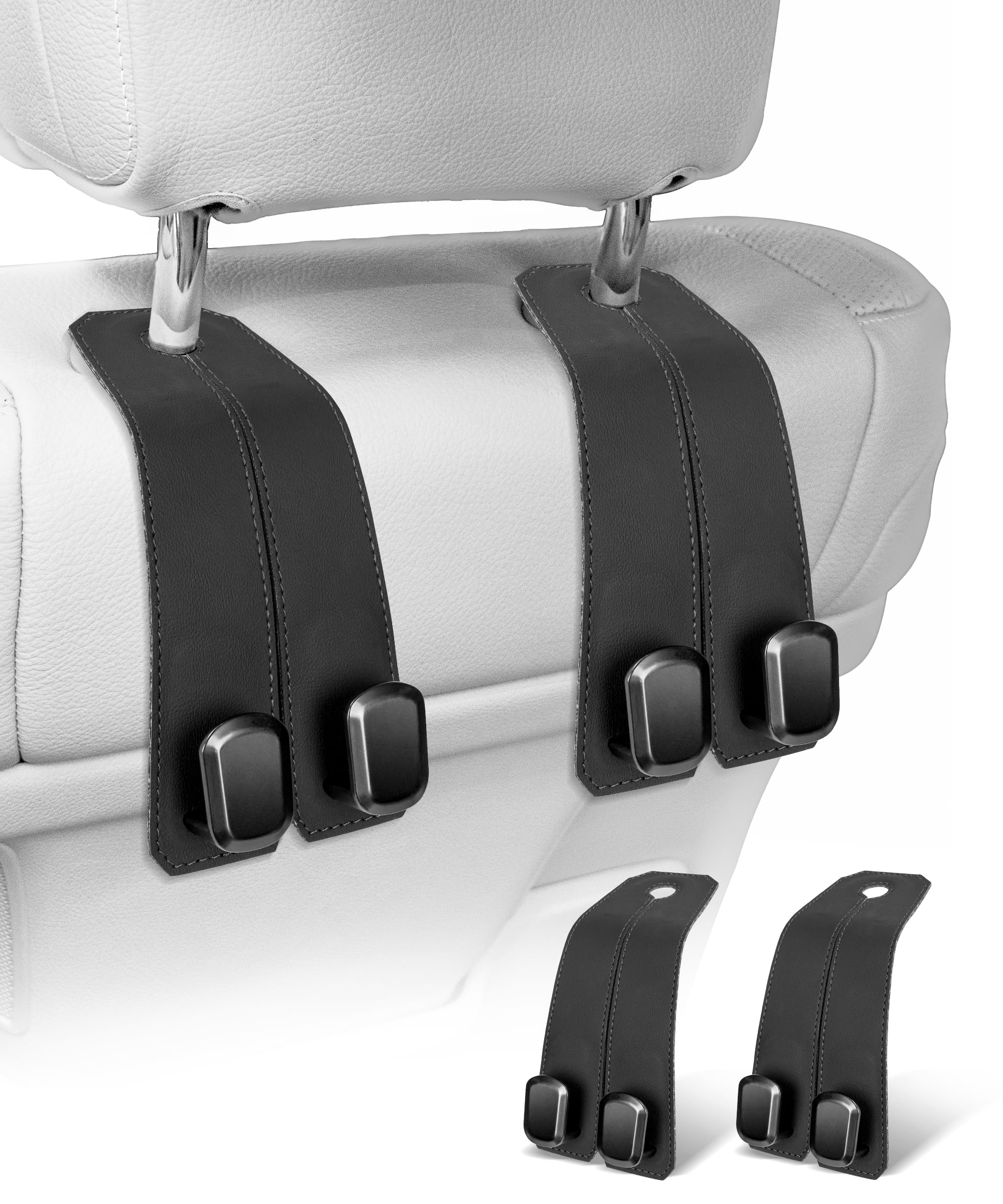 Photo 1 of VETERBONE Car Hooks for Headrest, 2Pcs Seat Back Storage Hook Luxurious Leather 100% Metal Multifunctional Car Hanger & Holder for Heatrest, Seat, Bag, Purse (Black)