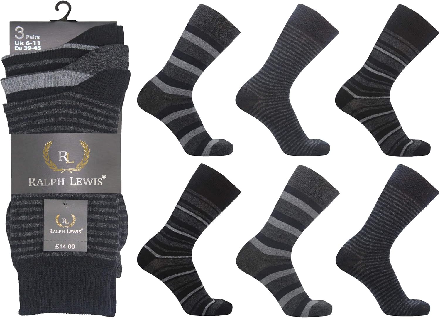 Ralph Lewis Dark Striped Socks Casual Formal Cotton Sock Mens Size 611
