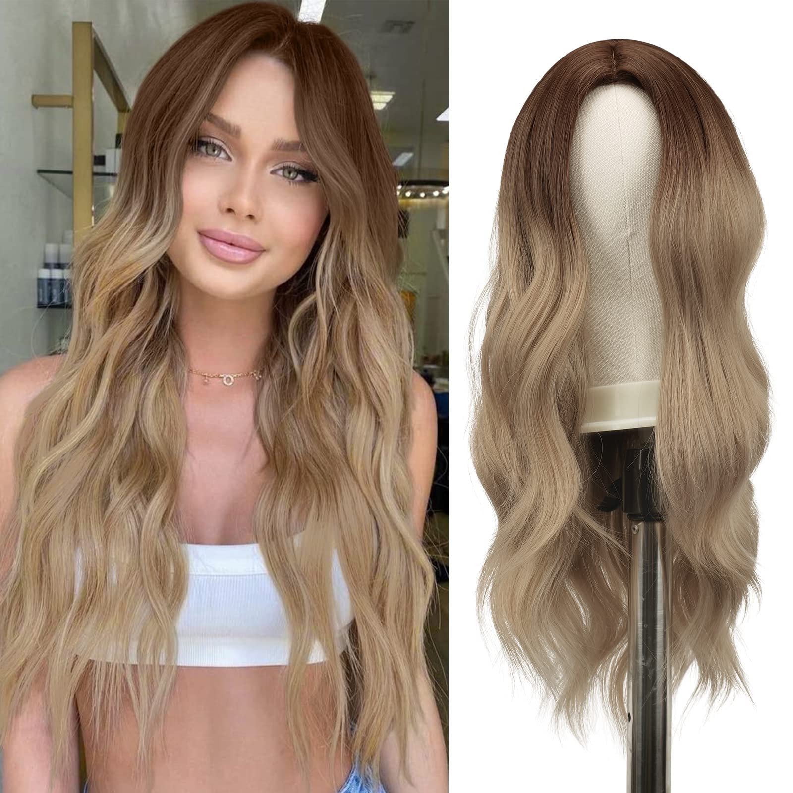 Photo 1 of FESHFEN Long Ombre Blonde Wigs for Women, 22 inch Middle Parting Synthetic Wavy Wig for Daily Party, Ombre Brown to Blonde