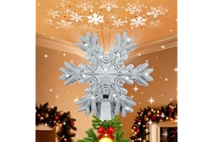 LLIBTYT Christmas Tree Topper Lighted with LED Rotating Silver Snowflake Projector, 3D Hollow Glitter Lighted Silver Snow Christmas Star Tree Topper with Plug for Indoor Outdoor Christmas Tree Decorations