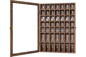 Suuiwau 1 Pcs Shot Glass Display Case, 49 Slots Shot Glass Display Cabinet Holder, Wall Mounted Glasses Collection Shelf Lockable with Acrylic Door for Home Bar Decor