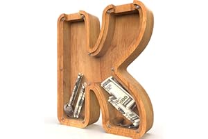 SULEVALT Piggy Bank for Kids Boys Girls, Large Personalized Wooden Letter Piggy Bank with Cut-Out Design, Alphabet Letter Coin Banks, Money Savings Box, Wooden Bank for Kids Creative Gift for Real-Money(K)
