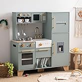 ROBUD Play Kitchen Set, Wooden Play Kitchen with Ice Maker, Fridge, Coffee Machine, Oven, Dishwasher, Microwave, Kitchen Acce