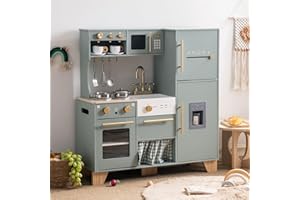 ROBUD Play Kitchen Set, Wooden Play Kitchen with Ice Maker, Fridge, Coffee Machine, Oven, Dishwasher, Microwave, Kitchen Accessories, Toy Kitchen Gift for Boys Girls, 3+