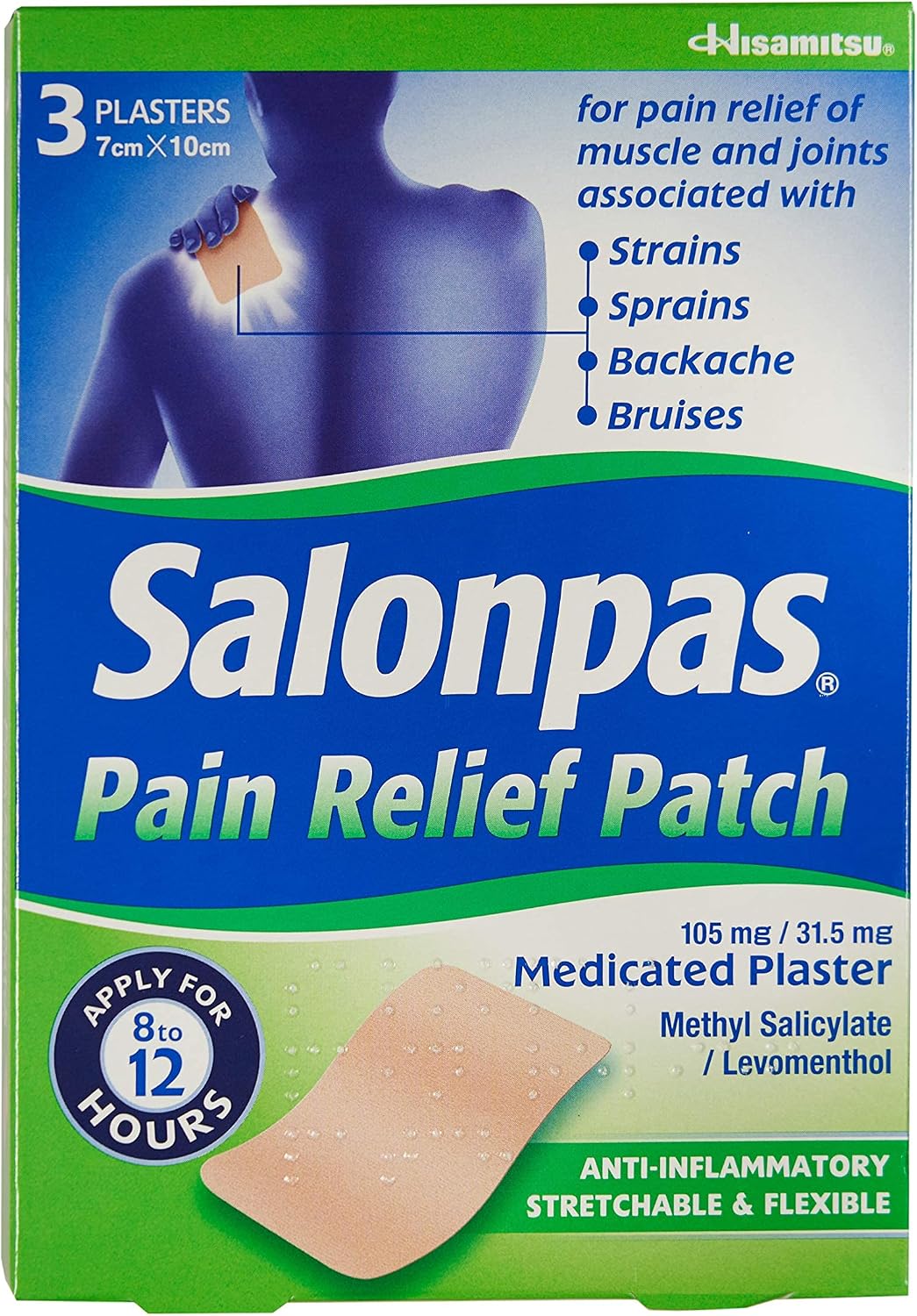 Salonpas Pain Relief Patch - 3 Pack - Medicated Plaster for Joint & Muscle Pain, 3735003, Beige, 3 Count (Pack of 1)