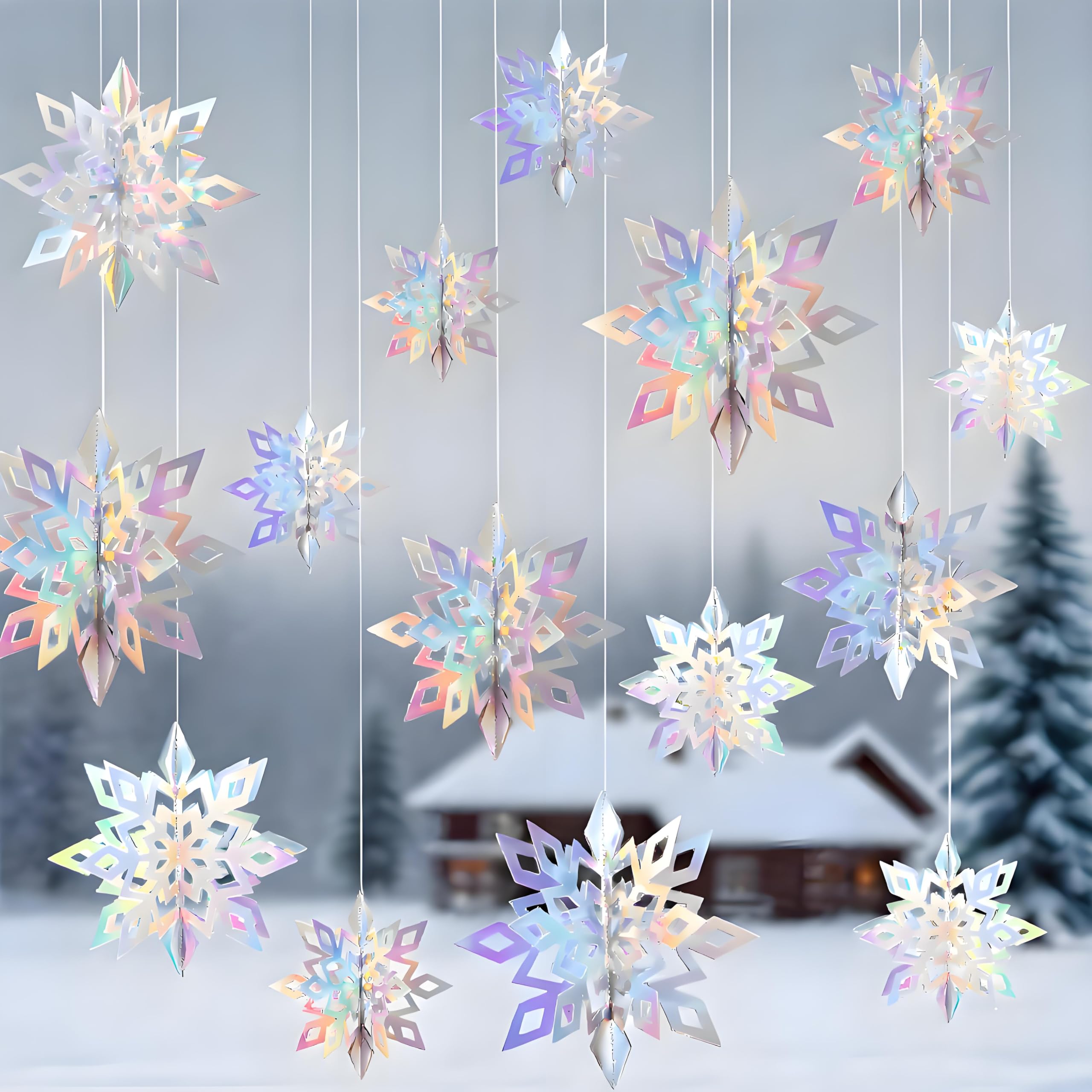 Photo 1 of 12pcs 3D Christmas Hanging Snowflakes Decorations? Iridescent Paper Snowflakes Snow Flakes Garland for Winter Wonderland Frozen Christmas Birthday Party Decorations?