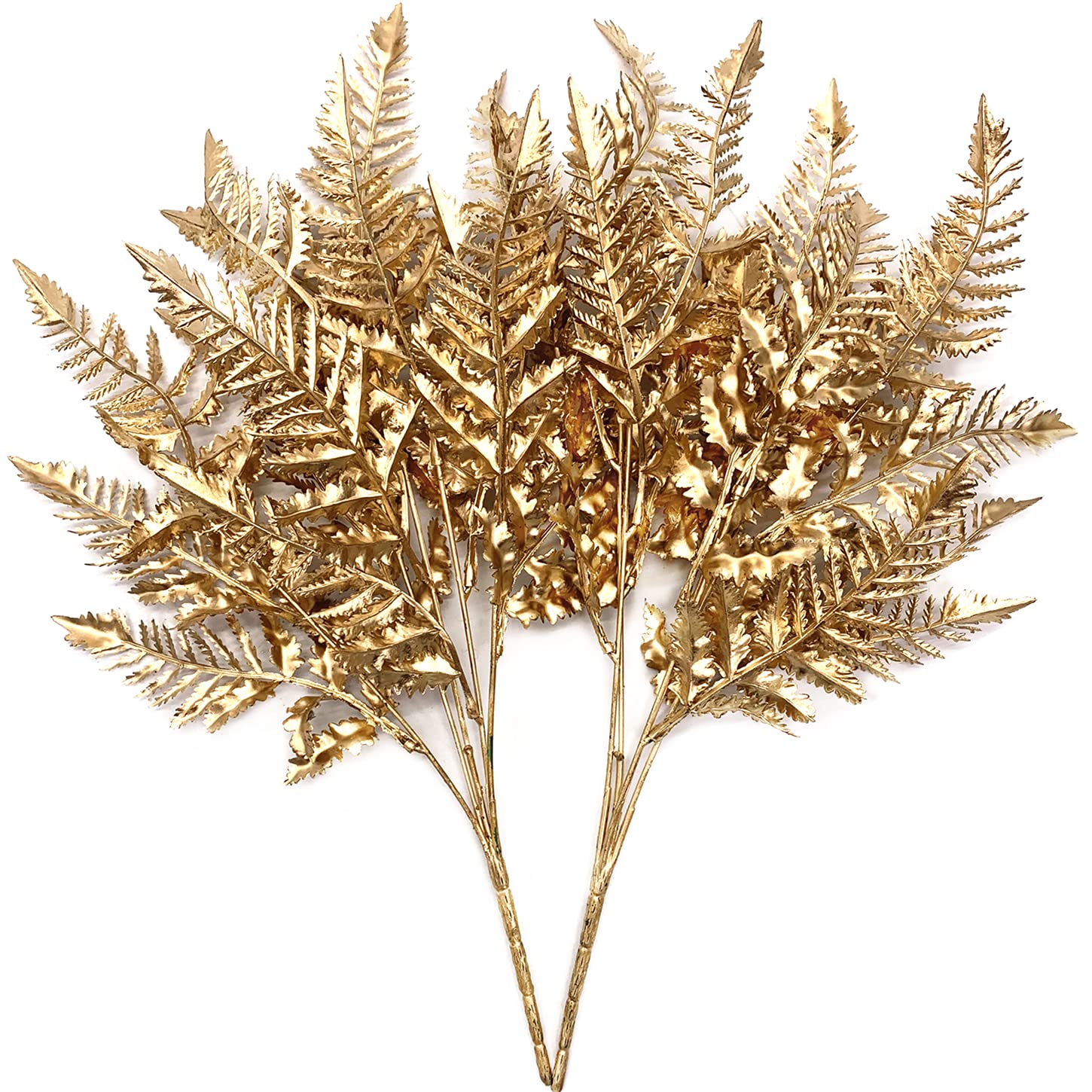 Photo 1 of Artificial Golden Boston Plants, Plastic Fern Shrubs Grass Fake Plant for Christmas Outdoor Indoor Home Garden Xmas Decor Table Centerpieces DIY Decoration Hotel Hall Vase Filler - Gold Leaves 2 Pcs