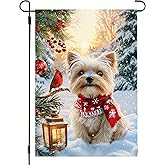 Hello Winter Yorkie Dog Garden Flag 12x18 Double Sided, Small Burlap Vacation Farmhouse Rustic Snow Garden Flag Christmas Decorations Outdoor Yard Porch Lawn Flags for Outside Home